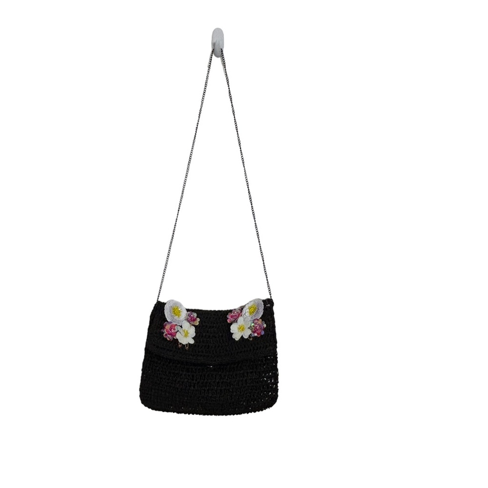 Bay Sky Black Straw Purse Beads and Sequin Flowers Chain Strap Kentucky Derby